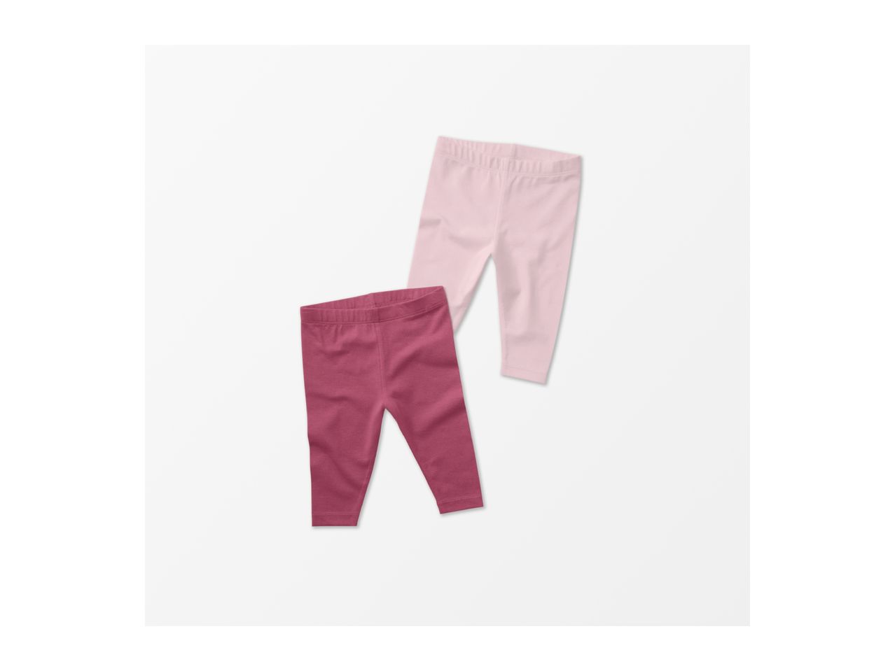 Two pairs of baby leggings, one pink and one maroon, on a white background.