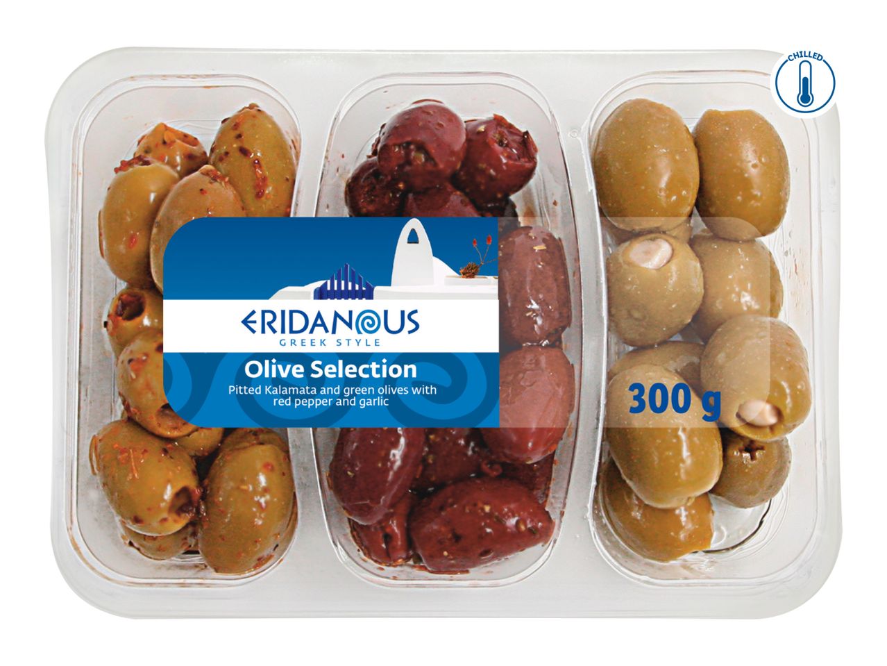 ERIDANOUS Olive Selection with Kalamata and green olives, 300g, chilled.