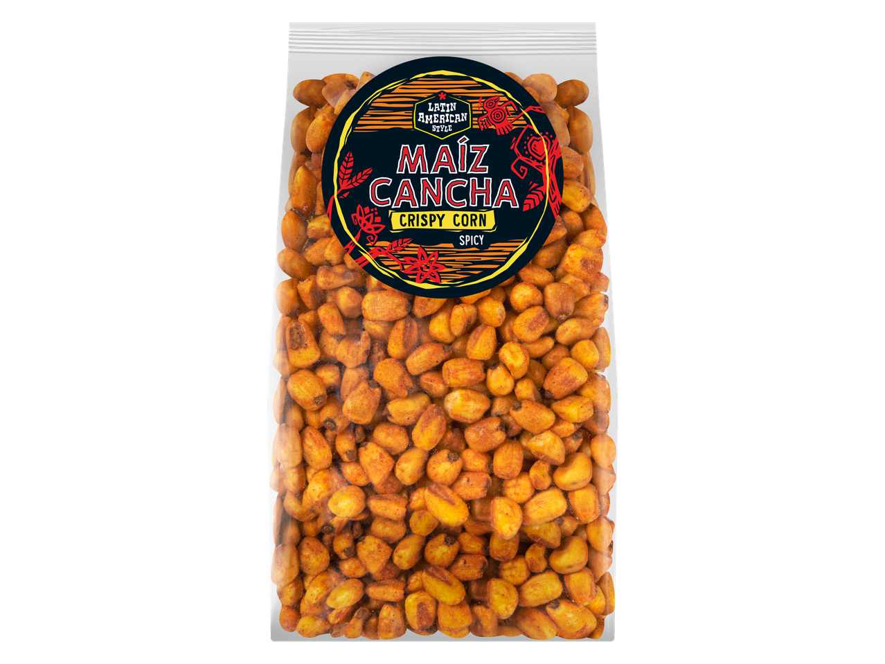 A bag of Latin American Style Maíz Cancha (crispy corn) in spicy flavor.