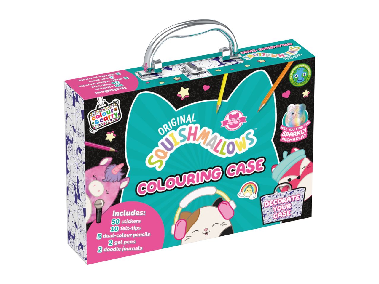Original Squishmallows colouring case with stickers, pens and pencils.