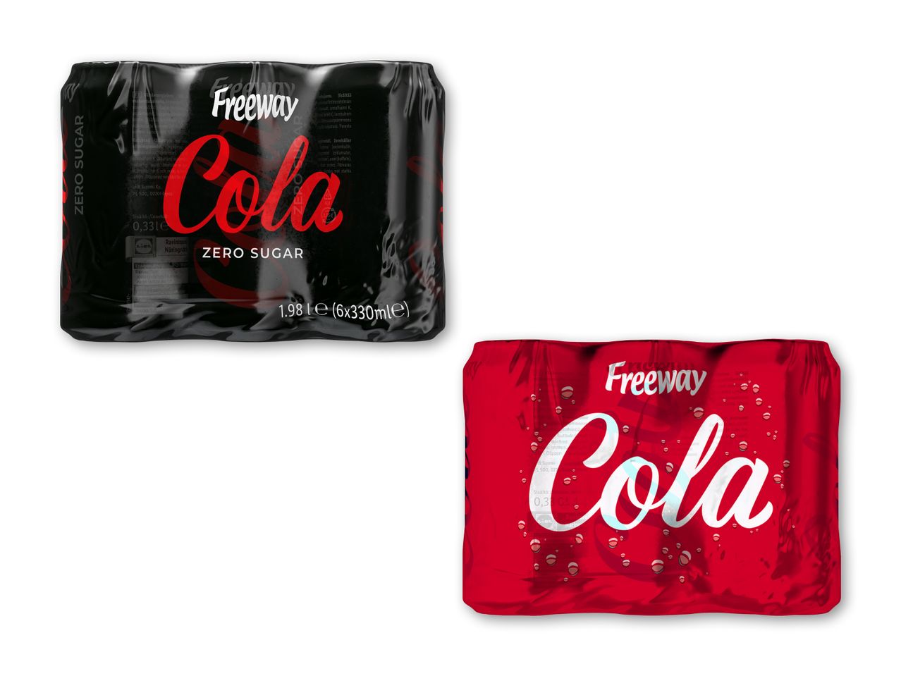 To pakker Freeway Cola, en sort og en rød, med nul sukker.