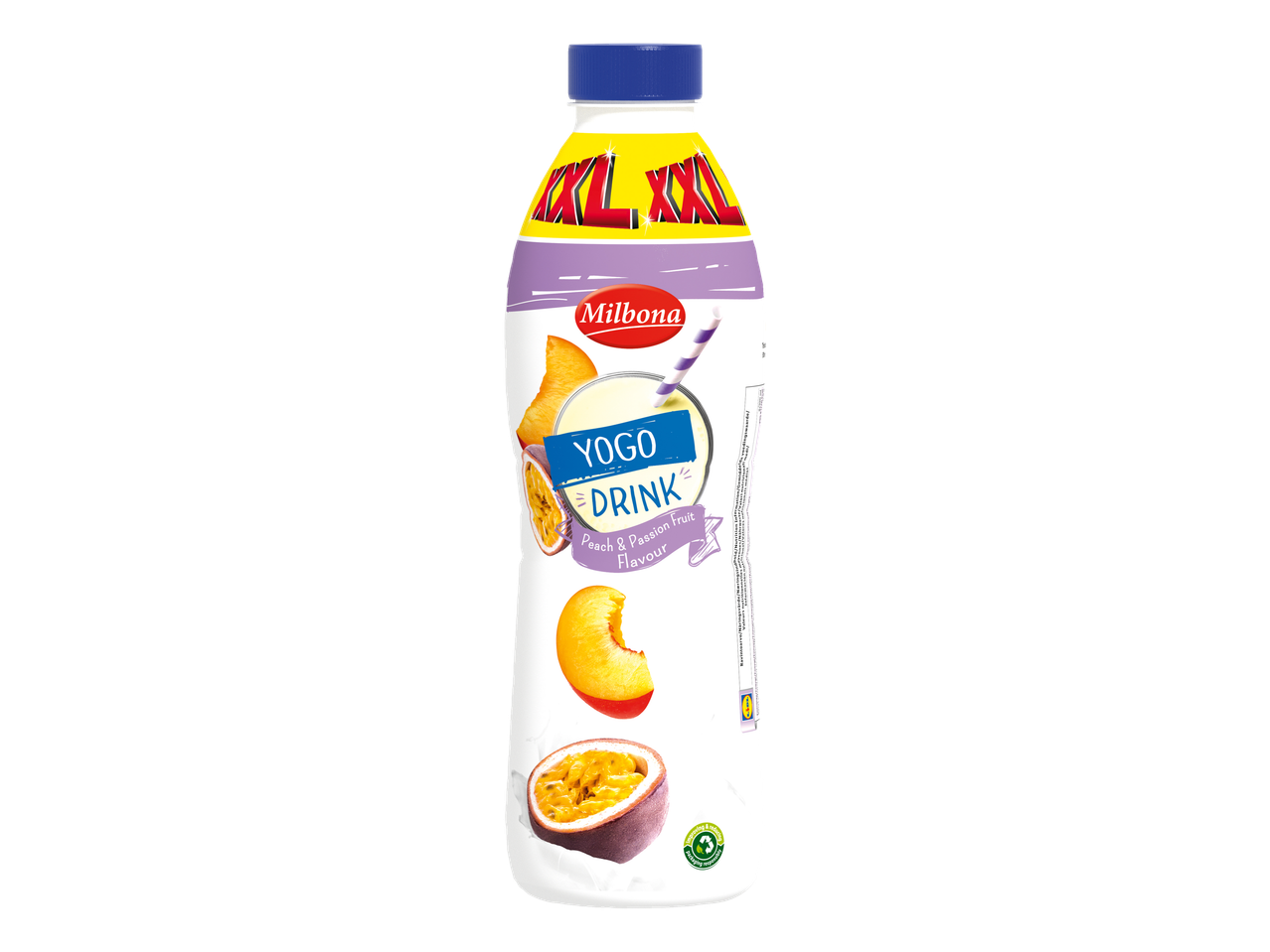 Milbona Yogodrink bottle, peach and passion fruit flavour.