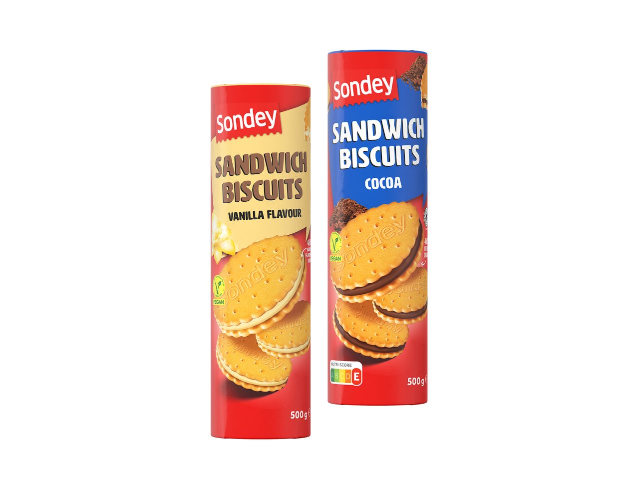 Sondey vegan sandwich sausainiai vanilės ir kakavos skonio, 500g pakuotėse.