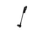 A black cordless stick vacuum cleaner stands upright against a white background.