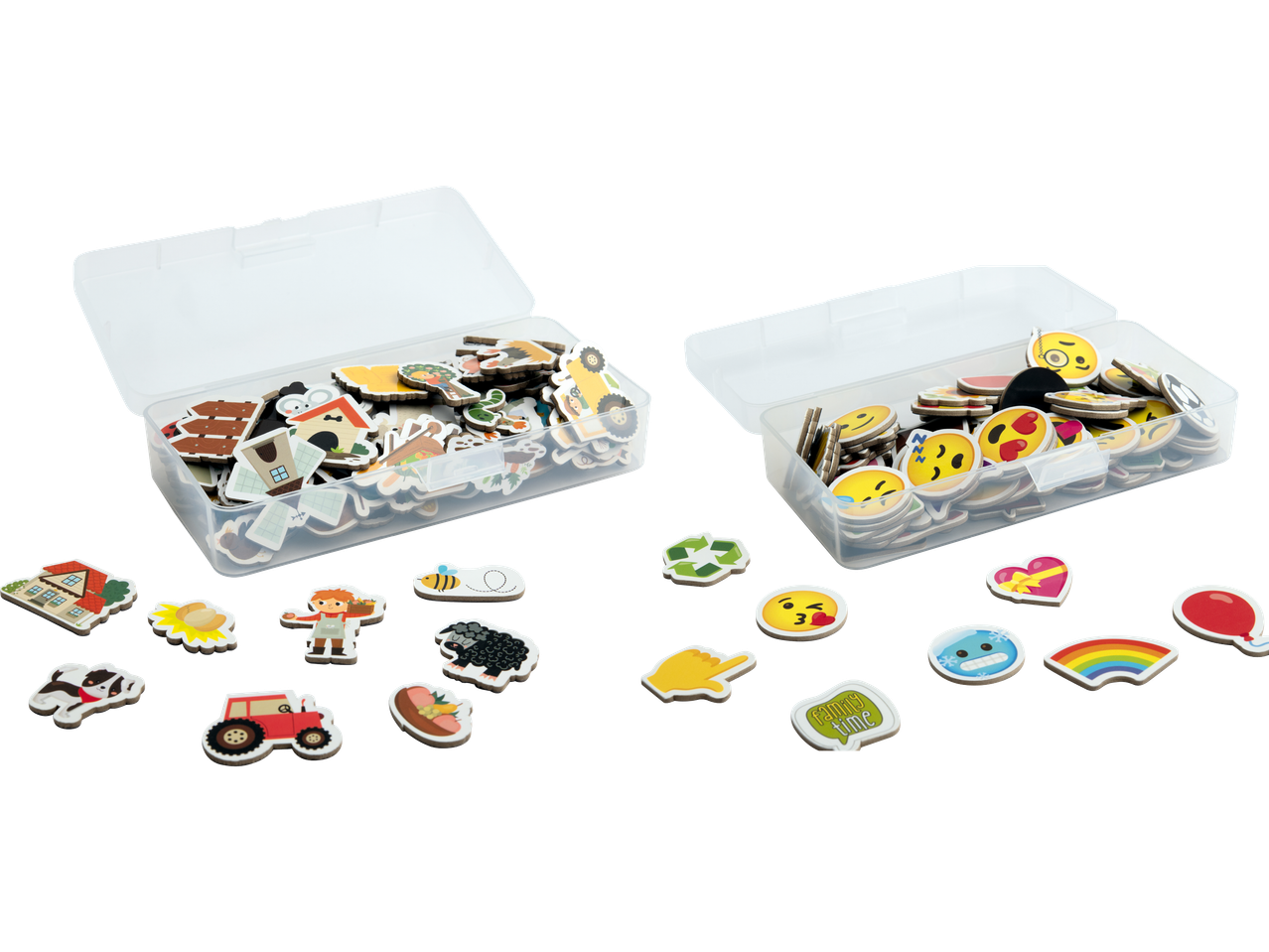 Två genomskinliga förvaringslådor med magnetiska klistermärken med lantbruks- och emojitema.