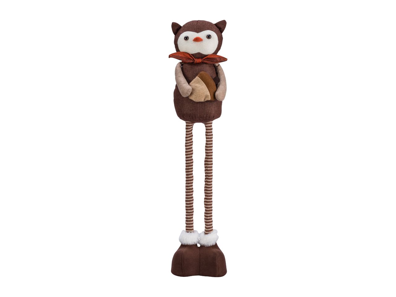 Brown owl plush toy with long striped legs, an orange scarf, and holding an acorn.