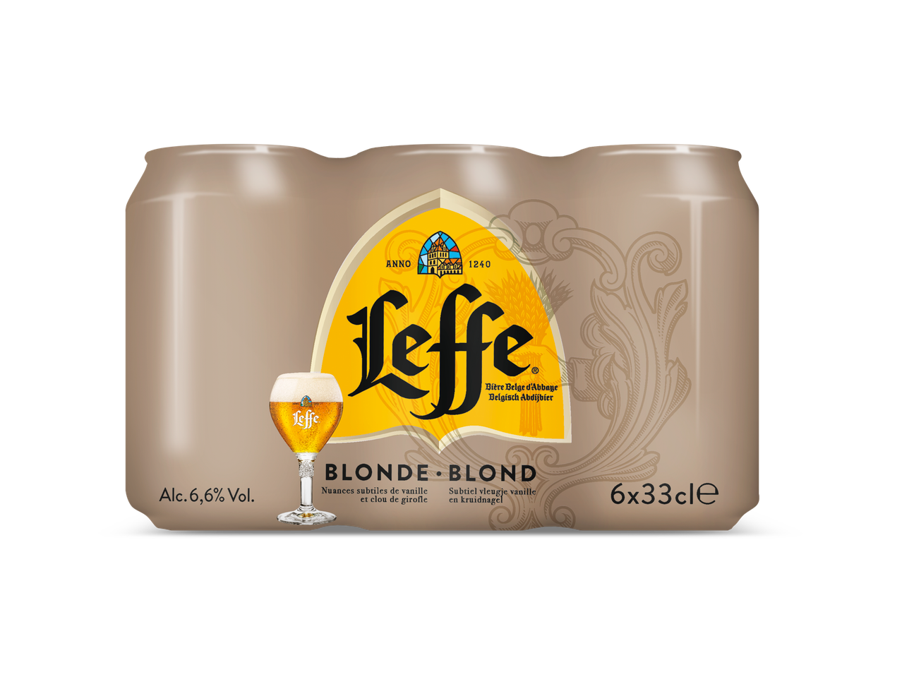 Een sixpack Leffe Blond blikjes bier met 6,6% vol.