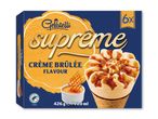 Æske med 6 vaniljeisvafler med karamelsauce og karamelstykker, med crème brûlée-smag.