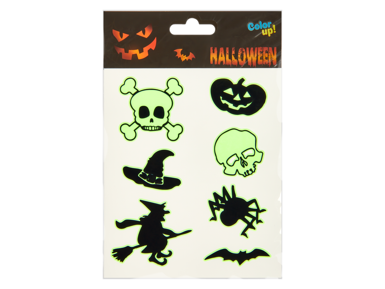 Šviečiantys tamsoje Helovino lipdukai su kaukolėmis, moliūgais, raganomis ir vorais.
