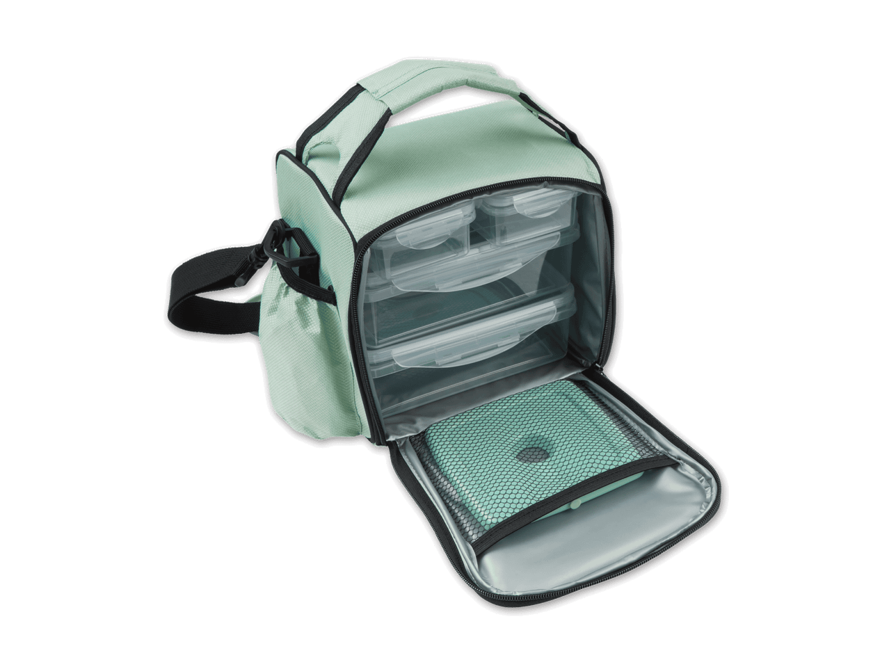 Eine mintgrüne Kühltasche mit herausnehmbaren Kühlplatten ist geöffnet und zeigt ihr Inneres.