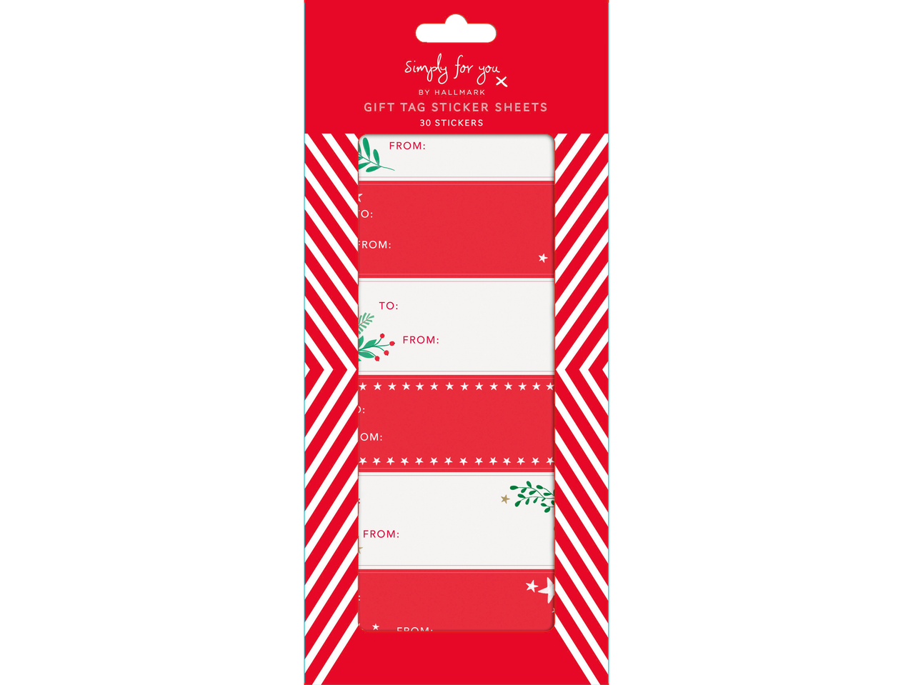 Hallmark Simply for You gift tag sticker sheets with red and white striped borders.