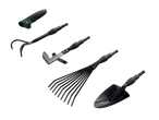 Комплект градински инструменти, включващ мотика, гребло, лопатка и уред за премахване на плевели.