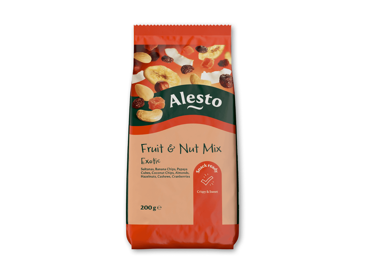 Frugt- og nøddeblanding med eksotiske frugter, nødder og bær, 200g, klar til snack.