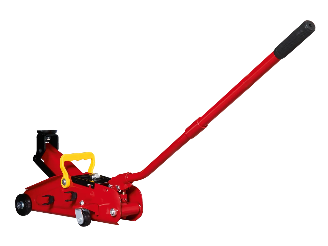 Red hydraulic floor jack with a long handle and yellow carrying handle.
