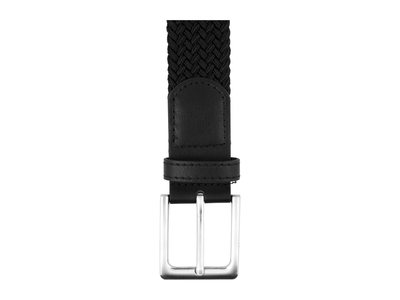 A black braided belt with a silver buckle on a white background.