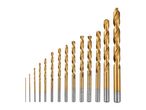 A set of golden drill bits of various sizes, arranged from smallest to largest.