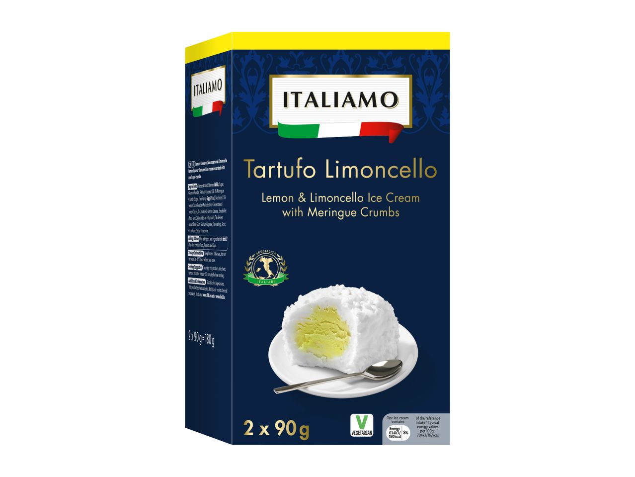 Limoncello ice cream with meringue crumbs in a dark blue and yellow box.