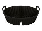 Black silicone air fryer basket with a divider and handles.