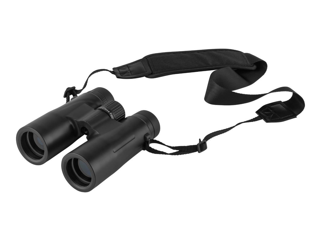 Black binoculars with a neck strap, ideal for outdoor activities and birdwatching.