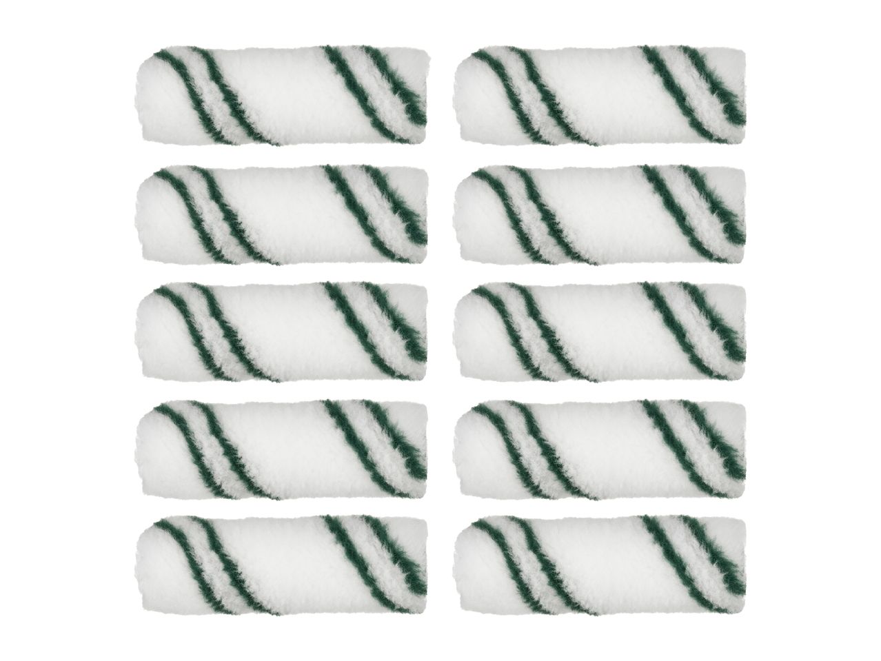 Ten white paint roller covers with green stripes, arranged in two columns.