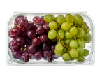 Een doorzichtige plastic verpakking met rode en groene druiven.
