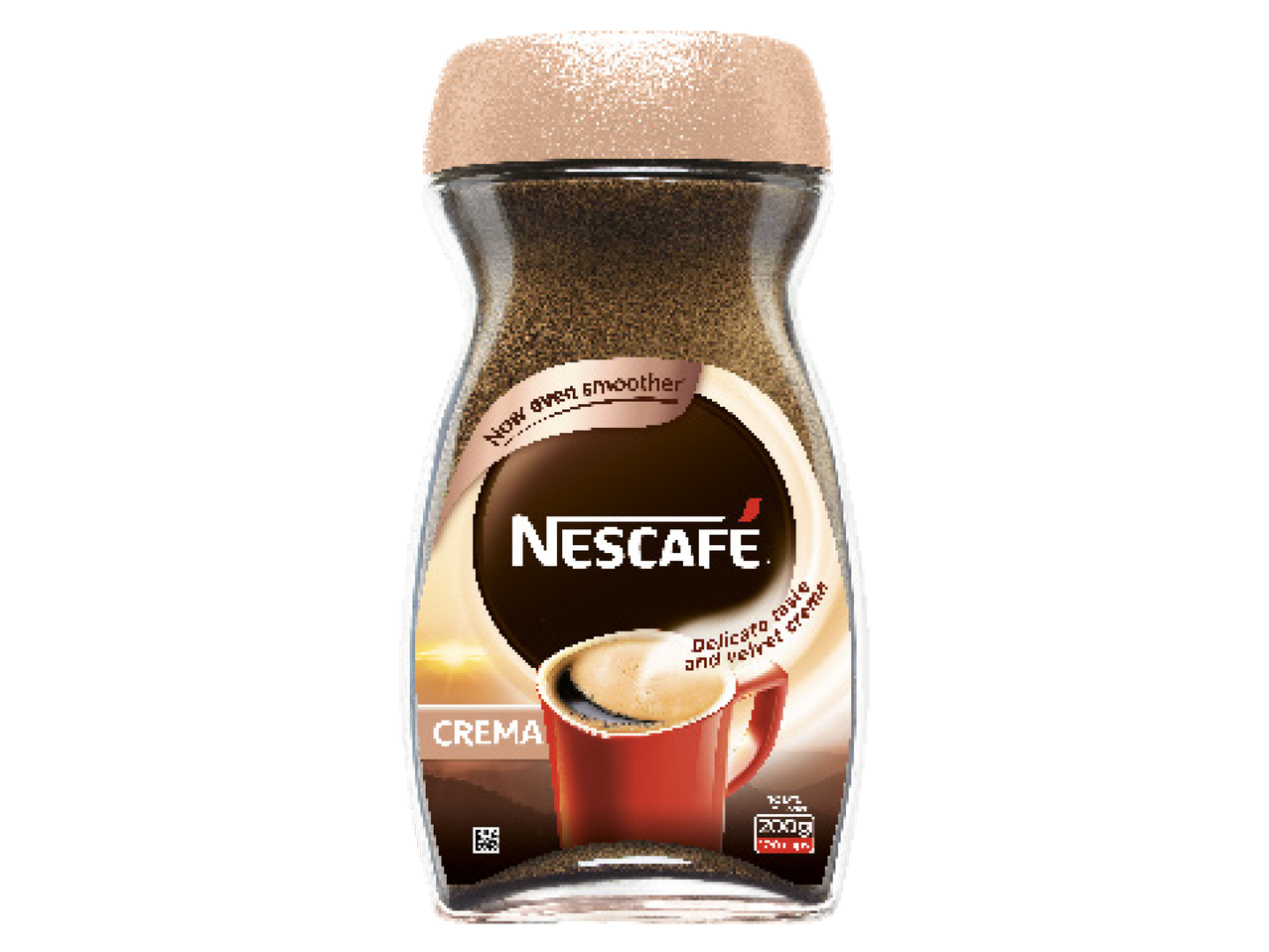 Nescafe Crema šķīstošās kafijas burka ar sarkanu kafijas krūzi uz etiķetes.