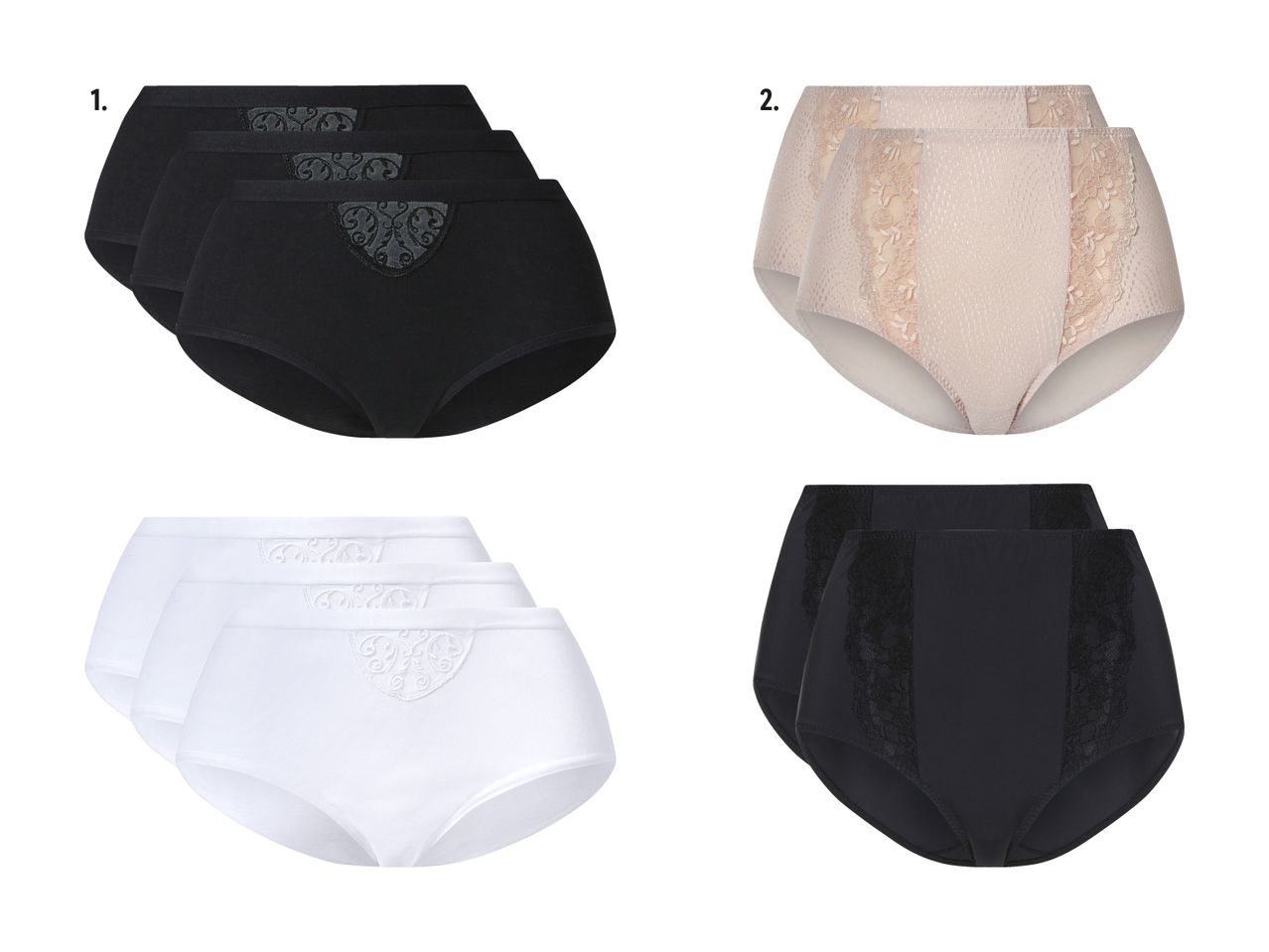 Drei Packungen Damen-Unterhosen in Schwarz, Beige und Weiß mit Spitzendetails.