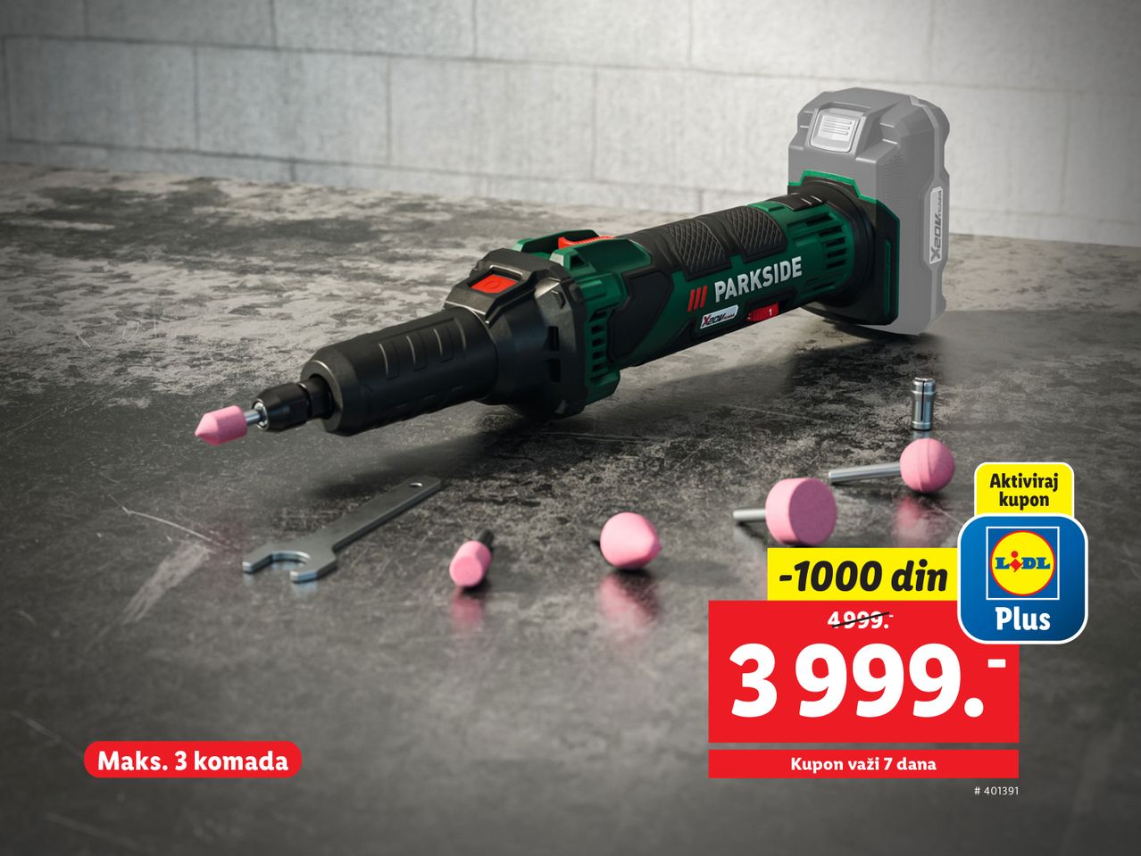 Einhell bežični brusilica sa priborom, 3999 dinara.