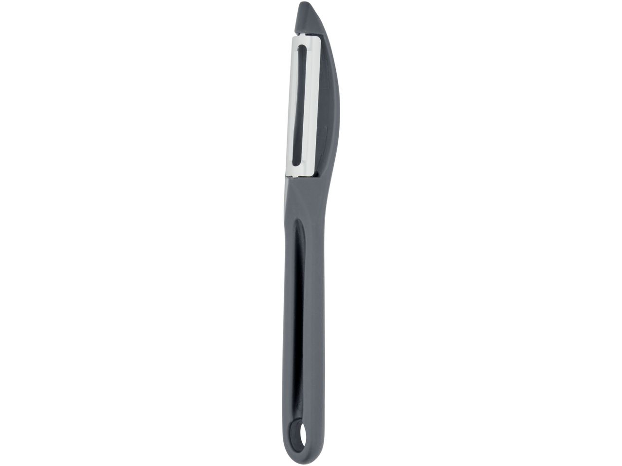 A grey vegetable peeler with a stainless steel blade stands upright against a white background.