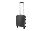 Black hard-shell carry-on suitcase with an extended telescopic handle and four wheels