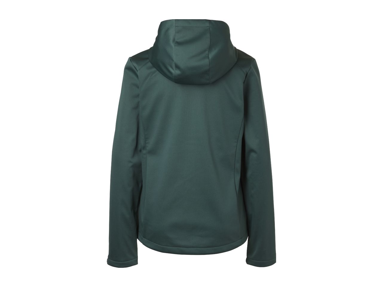 A dark-green softshell hooded jacket is shown from the back.