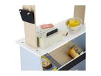 Wooden toy shop with a cash register, scale, and various play food items like cereal and canned goods.