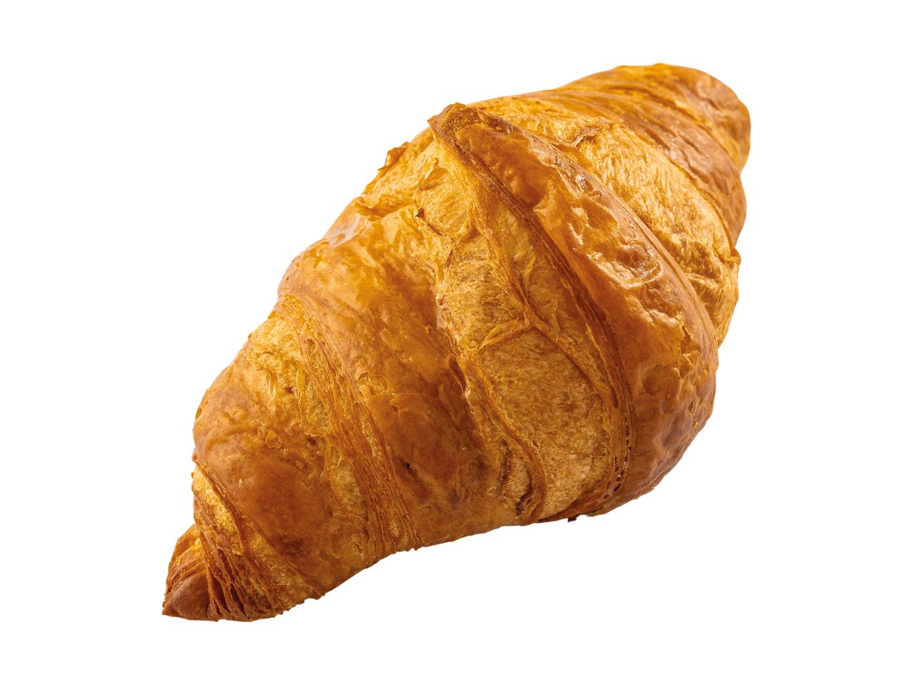 Golden-brown, flaky croissant on a white background.