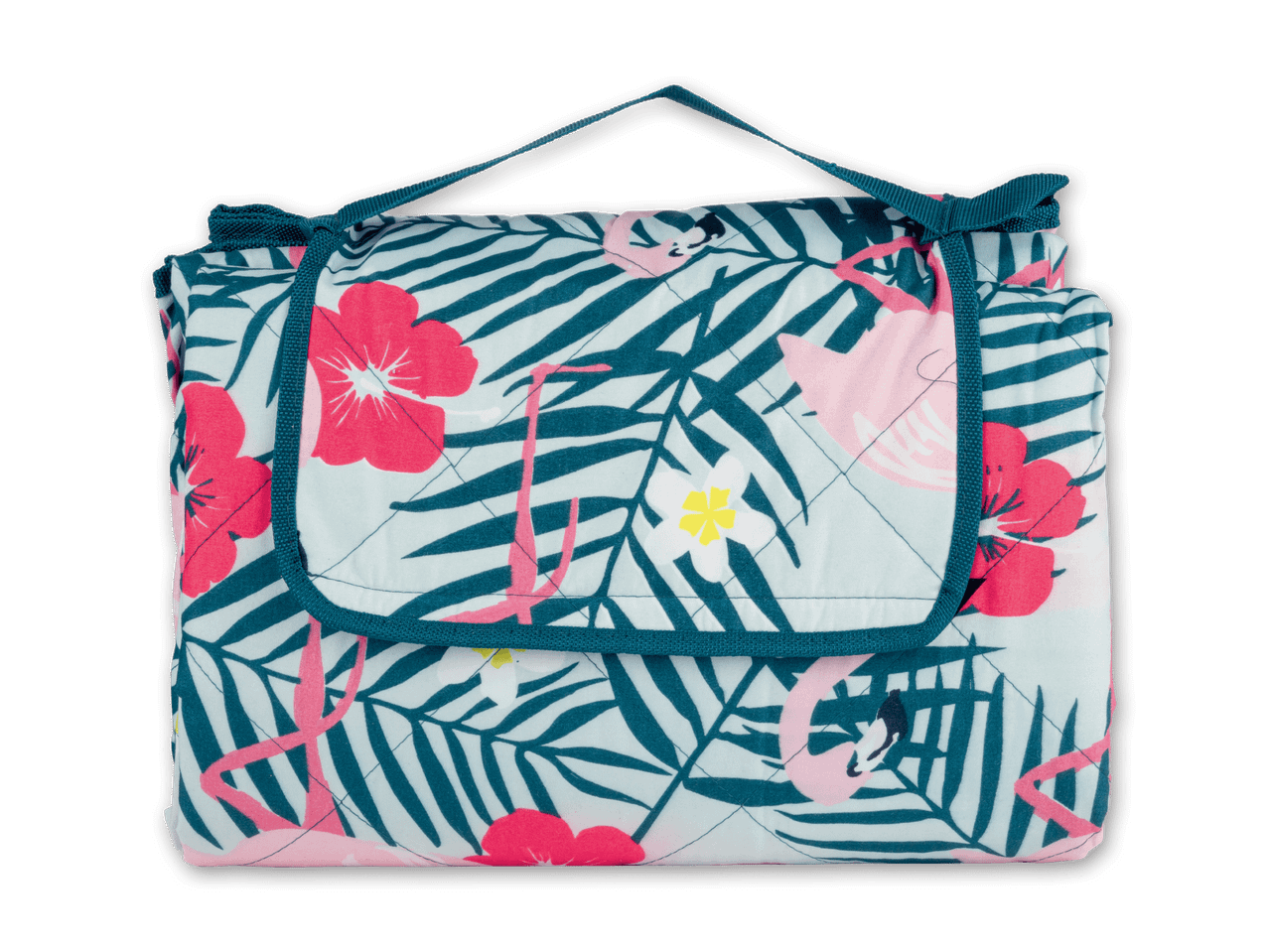 Gefaltete Picknickdecke mit tropischem Flamingo- und Blumenmuster.