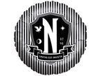 Black and white striped foil balloon with a crest featuring a large 'N', a bird, a star, a crescent moon, the numbers '17 91', and a banner with 'UNITAS EST INVICTA'.