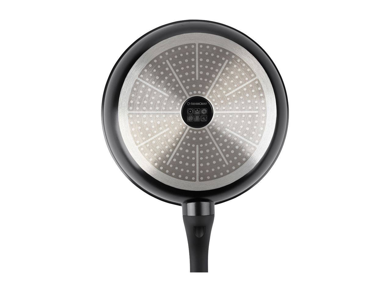 Bottom of a black frying pan with a silver-colored, textured base and a black handle