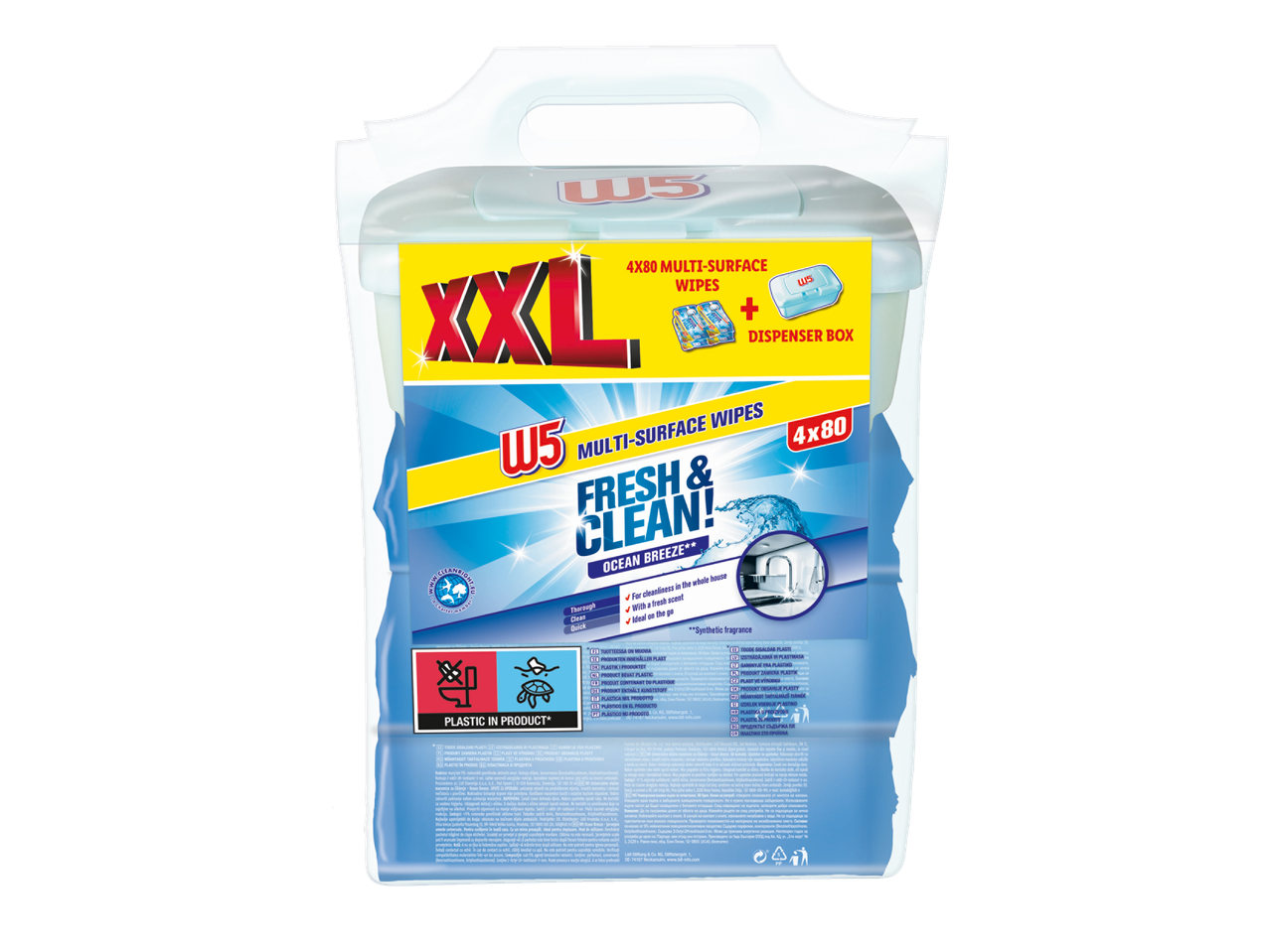 W5 XXL daudzvirsmu salvetes ar dozatoru, okeāna vēja aromāts.