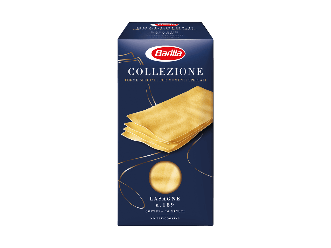 Boîte de lasagnes avec l'inscription 'Collezione' et 'No Pre-Cooking'.