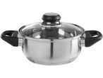 Stainless steel saucepan with glass lid and black handles.