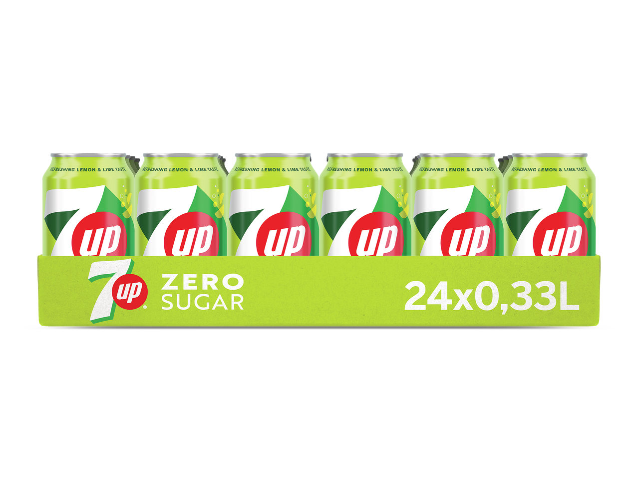 Een verpakking van 24 blikjes frisdrank met citroen- en limoensmaak, nul suiker, 0,33L per blikje.