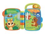 Interactive baby book with forest animals, a sun, and text: 'Row, row, row the boat, down the forest stream.' and 'Look through the trees, what do you see?'