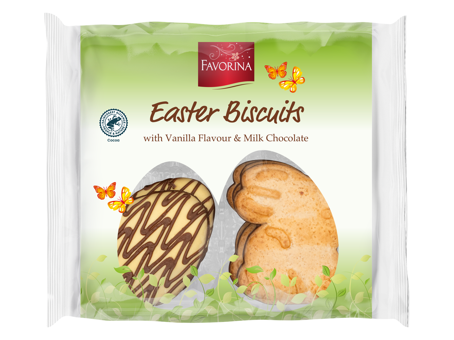 Favorina Paaskoekjes met vanillesmaak en melkchocolade in een transparante verpakking.