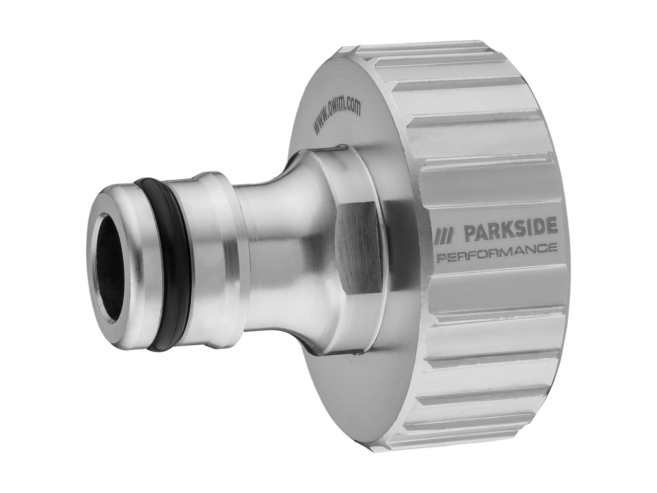 Adaptador de torneira Parkside Performance® prateado com anel de vedação preto.