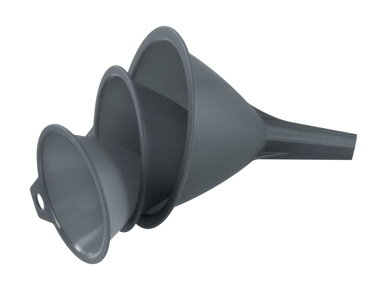 Three gray plastic funnels of varying sizes, nested together.