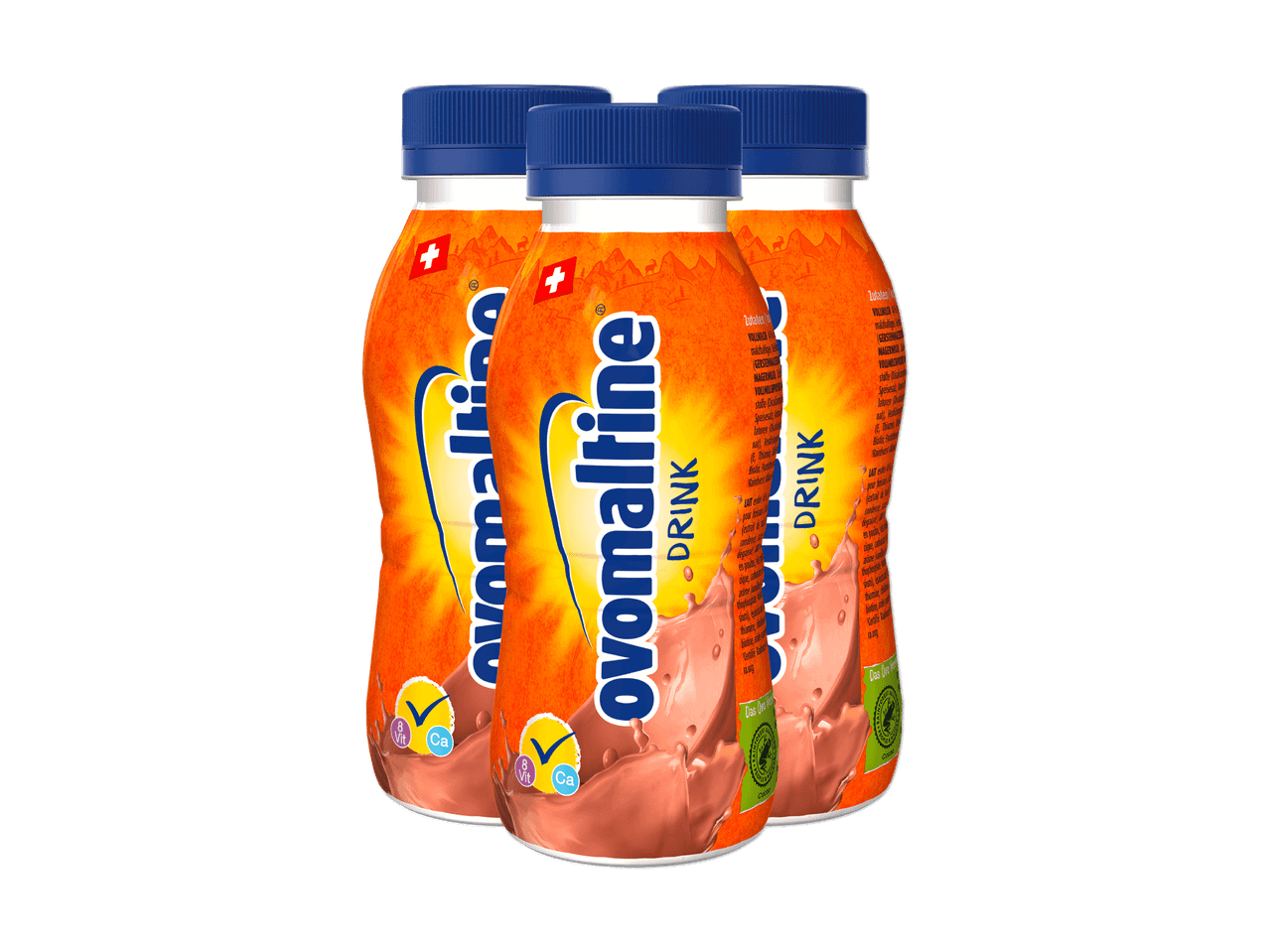 Trois bouteilles de boisson chocolatée avec des étiquettes orange et des bouchons bleus.
