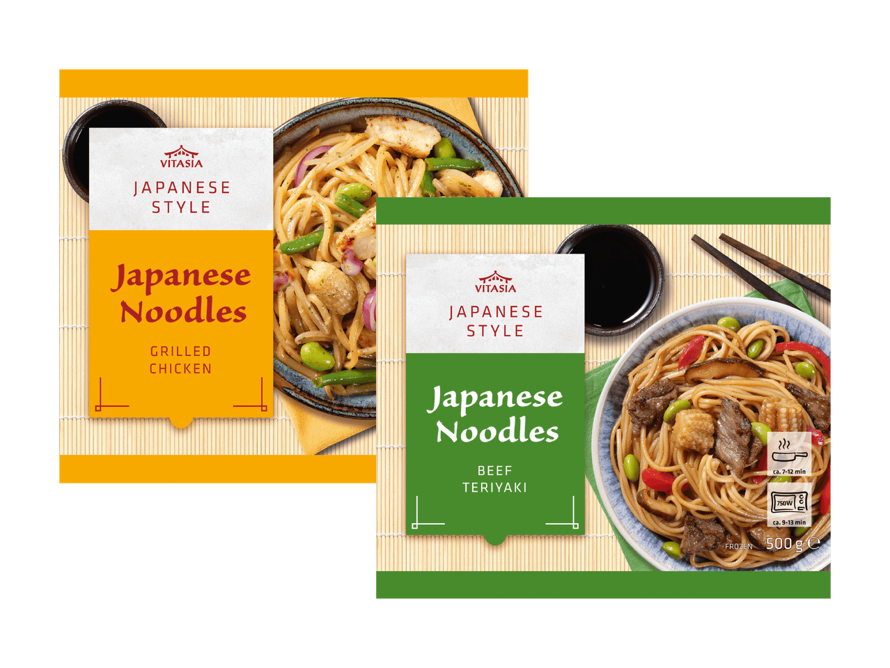 Zwei Packungen Vitasia Japanese Style Nudeln: eine mit gegrilltem Hähnchen, die andere mit Rindfleisch Teriyaki.