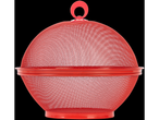 A red metal mesh food cover with a handle.