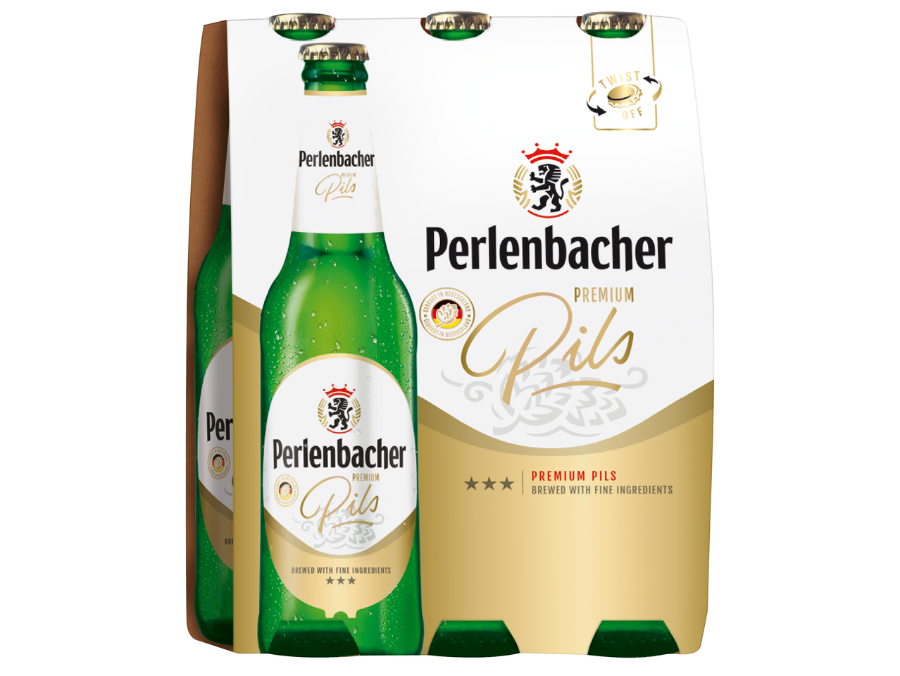 Опаковка от шест бутилки бира пилз с етикети, показващи „Premium Pils“ и „Brewed with Fine Ingredients“.