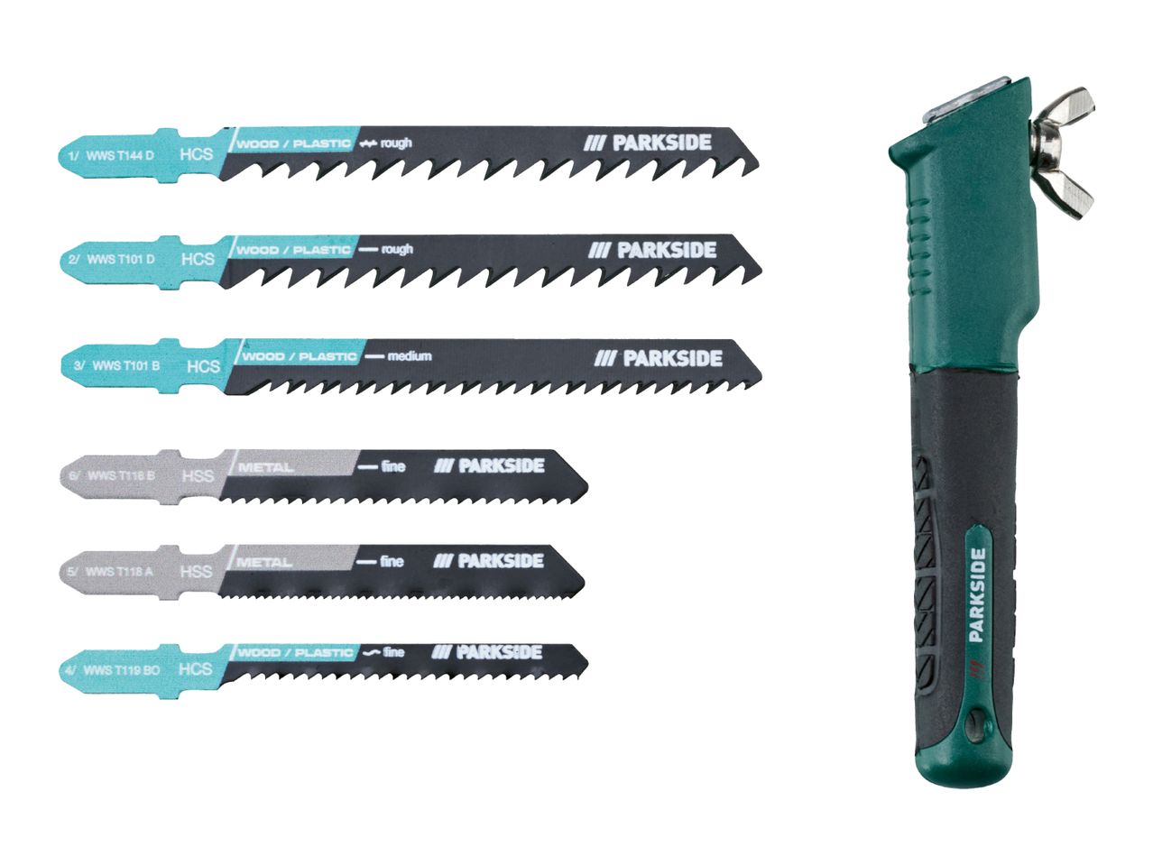 Jigsaw blade set with various blades for wood, plastic, and metal, alongside a hand saw.