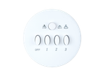 White circular fan control panel with buttons for stop, move, off, and speeds 1, 2, 3.